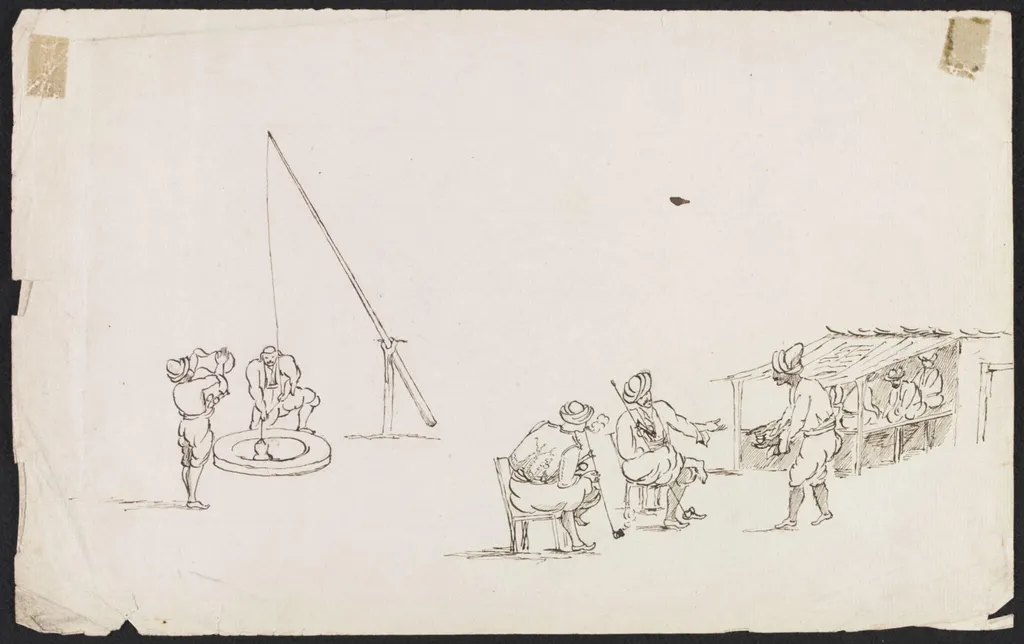 Wayside café, with men drawing water from a well, and others seated, smoking, being served with coffee, by Unknown, 1822