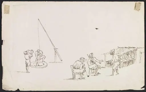 Wayside café, with men drawing water from a well, and others seated, smoking, being served with coffee, by Unknown