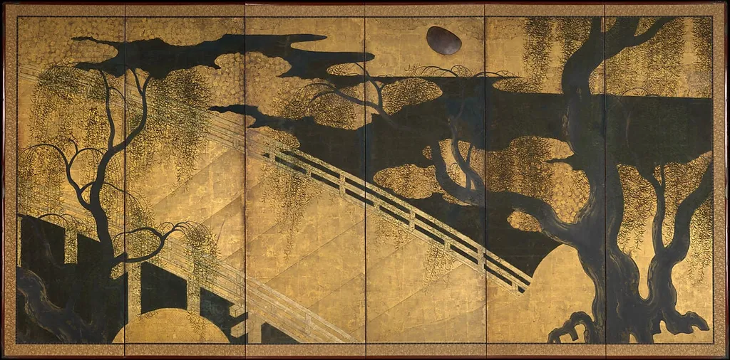 柳橋水車図屏風|Willows and Bridge, by Unknown, ink, 1608