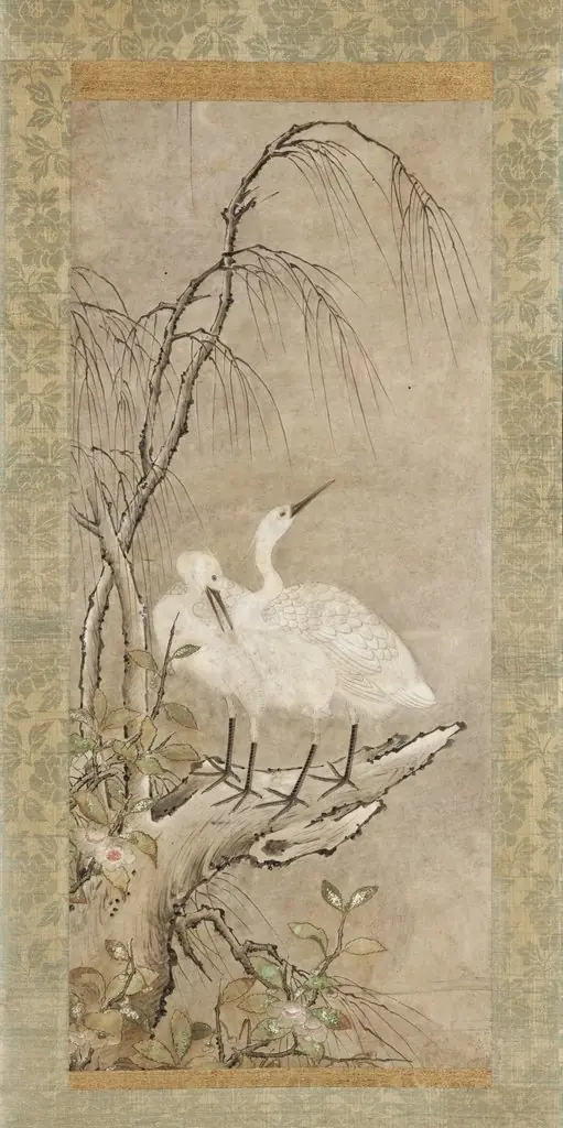 Winter Landscape of Two Herons, Willow, and Tea Plants Blossoms, by Unknown