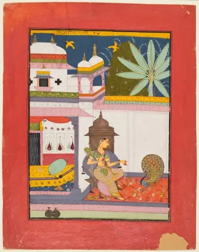 Woman Addressing a Peacock: Gujari Ragini of Megh, from a Ragamala, by Unknown