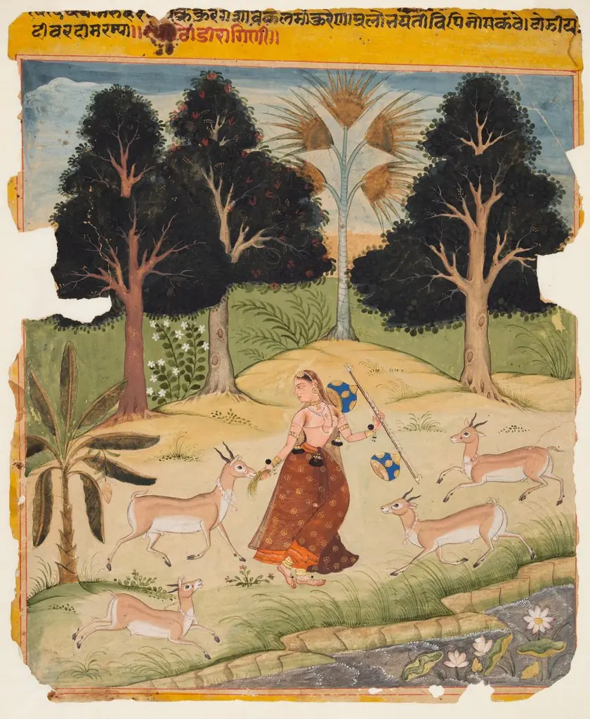 Woman Feeding Deer: Todi Ragini, from a Ragamala, by Unknown