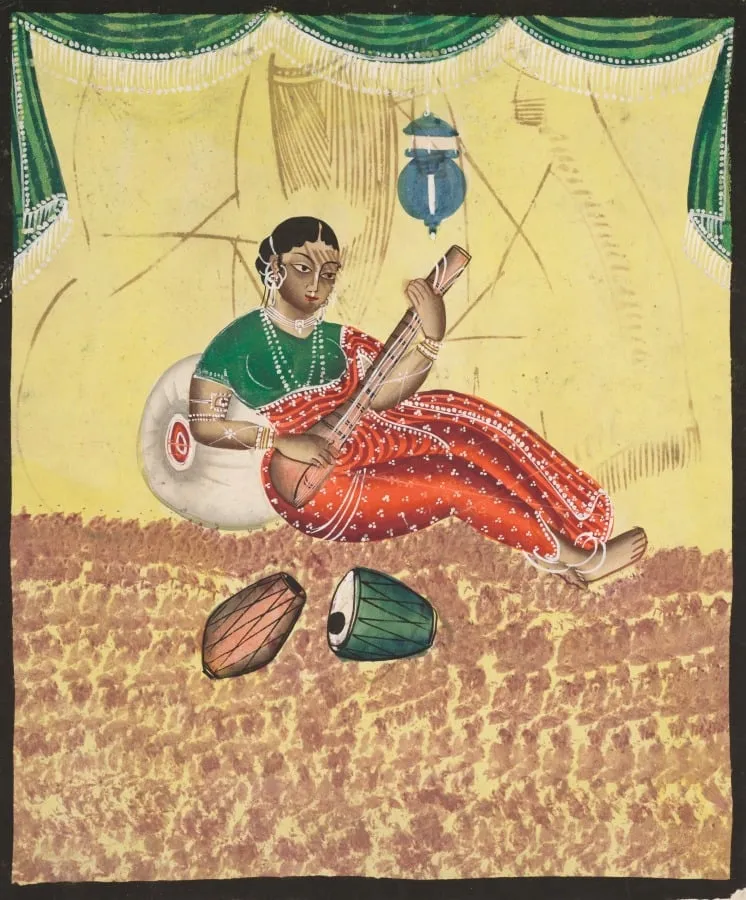Woman Playing Music (recto), from a Kalighat album, by Unknown, unspecified, 1890