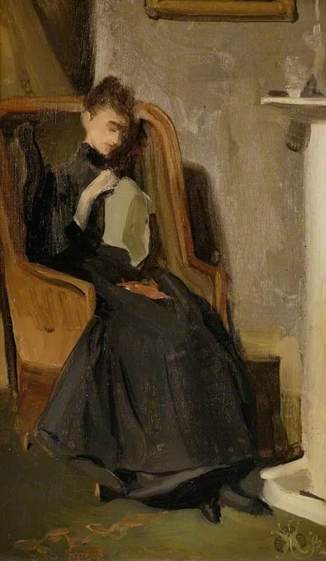 Woman sewing, by Unknown, oil