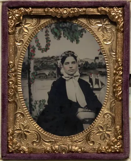 Woman with elaborate nautical backdrop, by Unknown