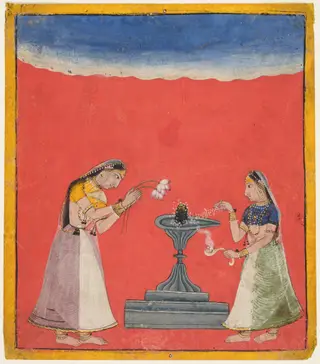Women Worshipping a Shiva Linga: Devagandhari Ragini of Hindol, from a Chamba Ragamala, by Unknown, 1700