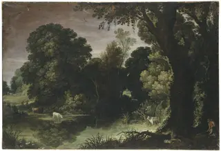 Wooded Landscape with a Duck Hunt, by Unknown, 1850