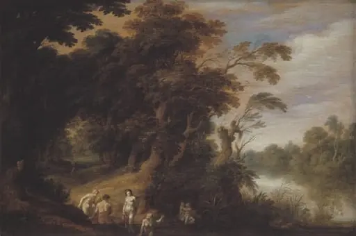 Wooded Landscape with Bathing Nymps, by Unknown