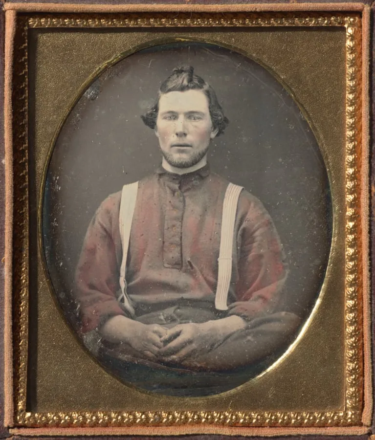 Workman in Red Flannel Shirt and Suspenders, by Unknown, 1858