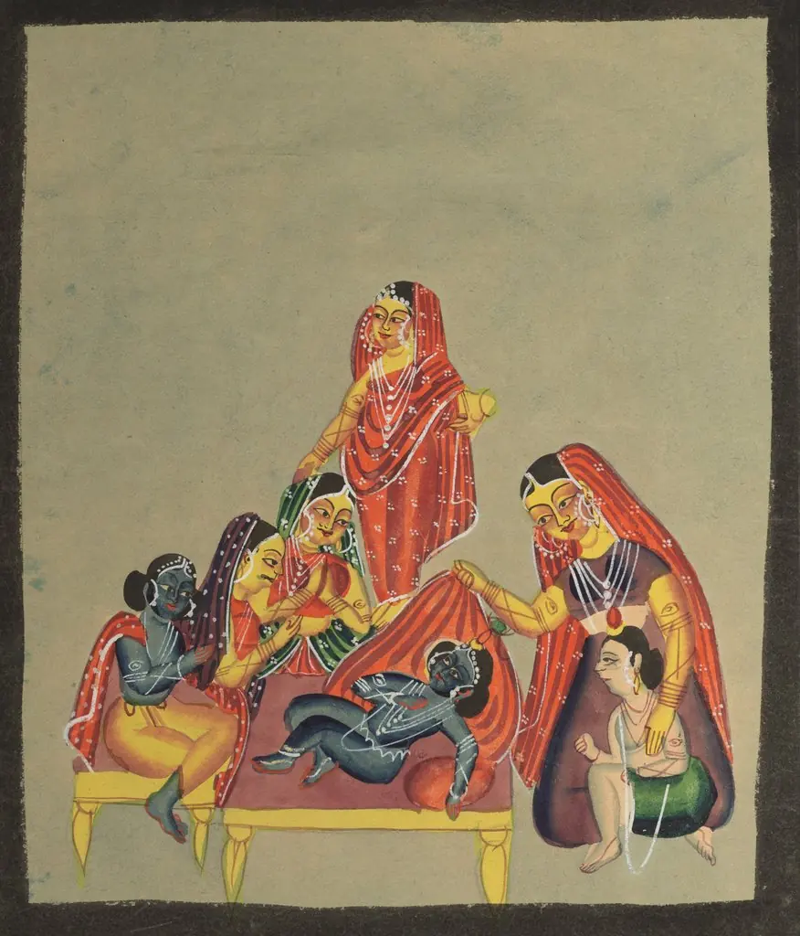 Worship of the Infant Krishna, from a Kalighat album, by Unknown, 1896