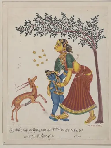 Yasoda protecting Krishna from the playful approaches of a gazelle, by Unknown