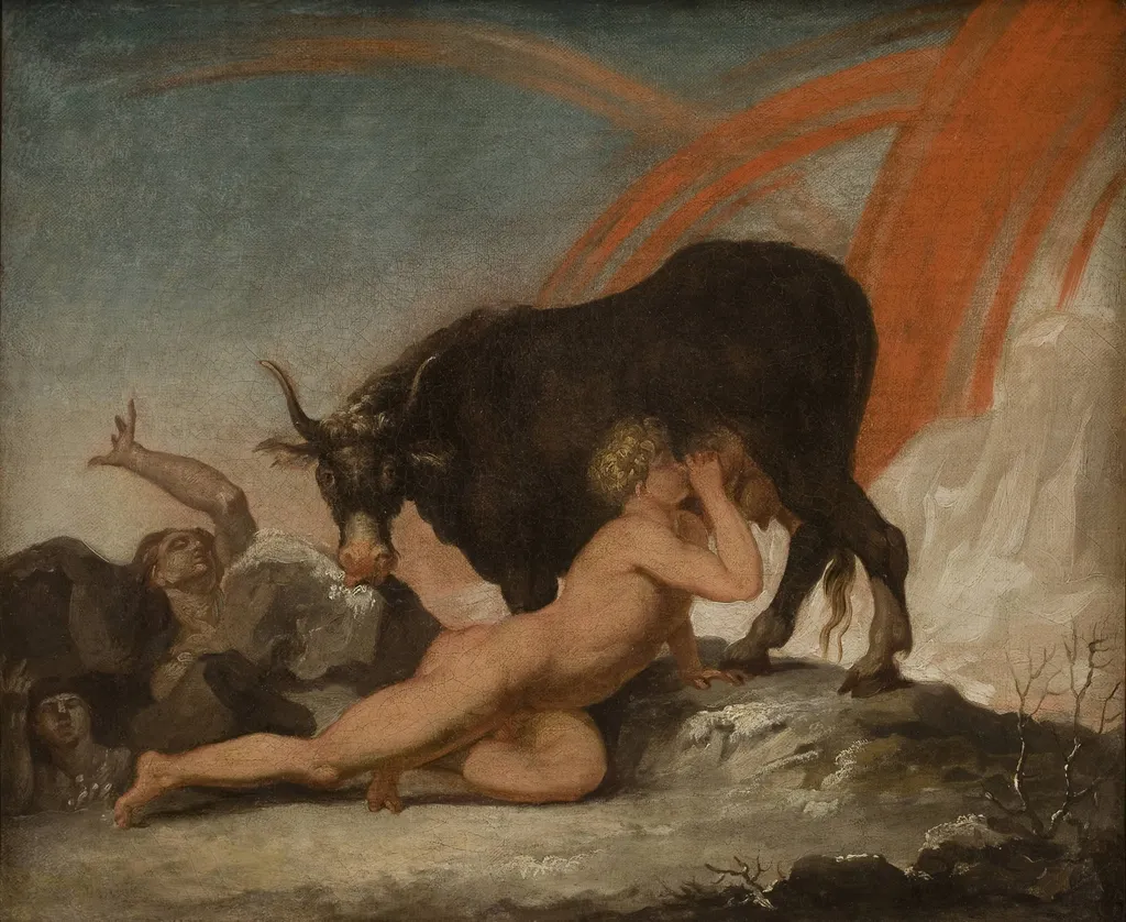 Ymir Suckling the Cow Audhumla, by Unknown, 1750