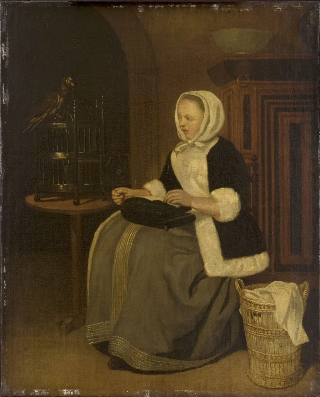 Young Lady Sewing, by Unknown, oil, 1670