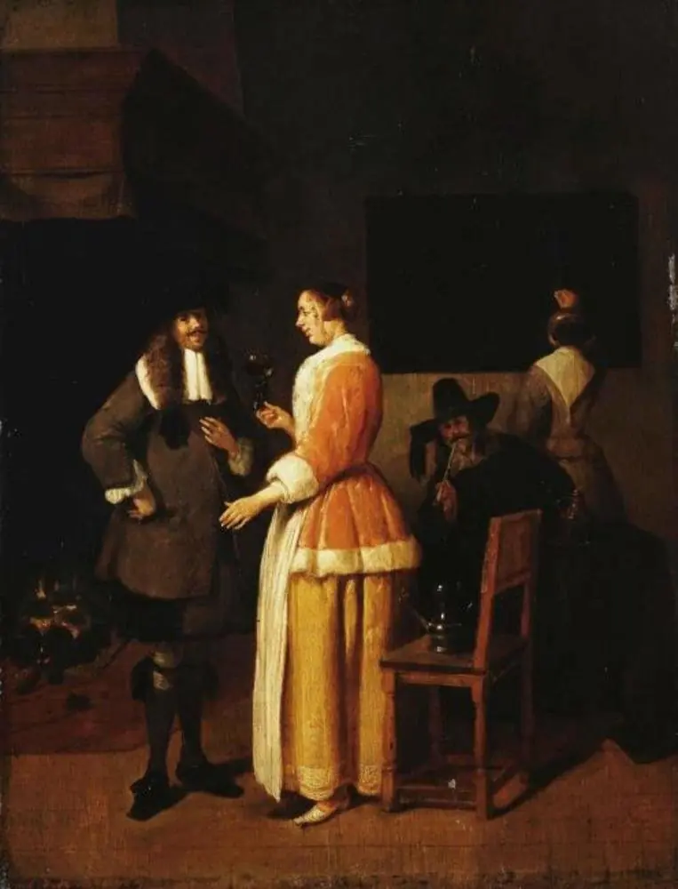 Young Woman Serving Wine to Cavalier, by Unknown