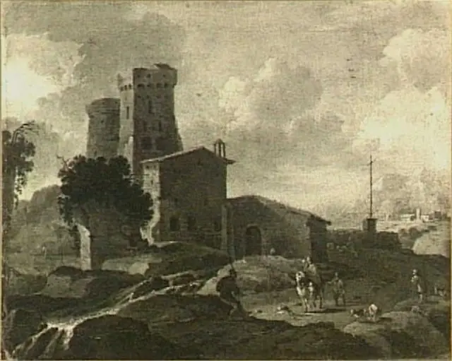 Zuidelijk landschap met kasteelruïne, by Unknown