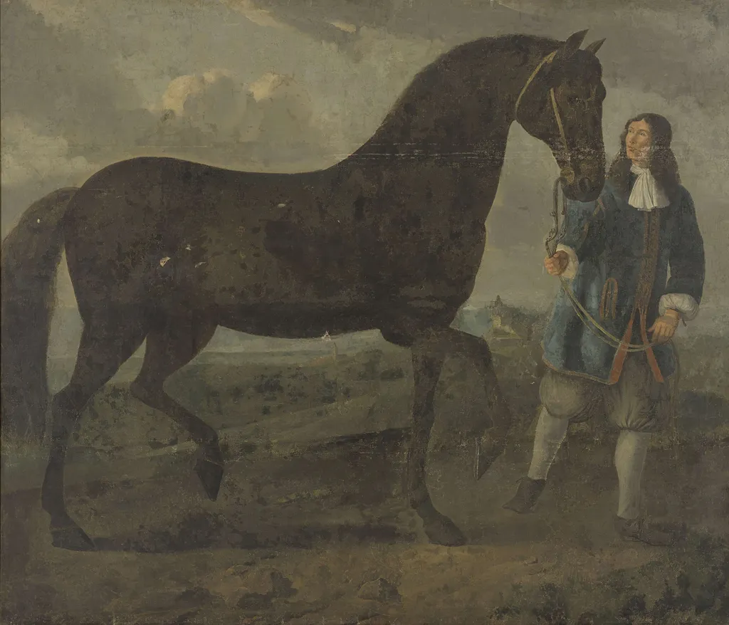 Zwart paard door een stalknecht geleid, by Unknown, oil, 1670