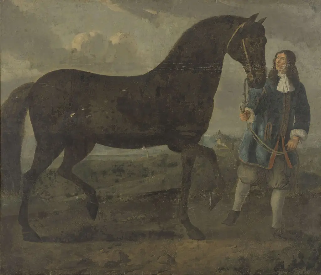 Zwart paard door een stalknecht geleid, by Unknown