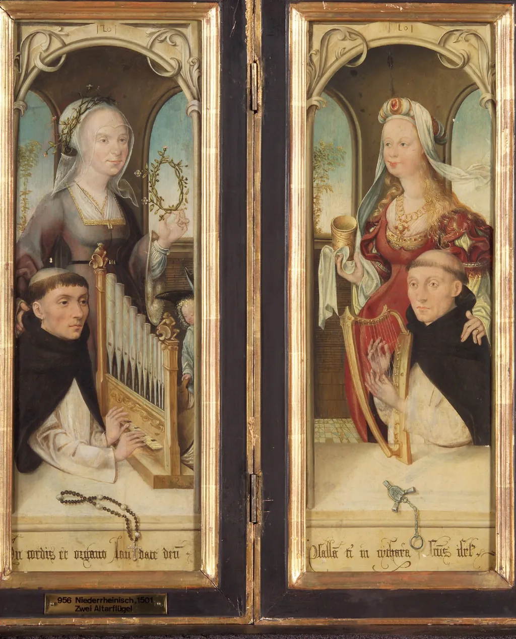 Zwei Flügel eines Altärchens: links ein orgelspielender Dominikanermönch mit weiblicher Heiligen; rechts ein harfenspielender Dominikanermönch mit weiblicher Heiligen., by Unknown, unspecified, 1501