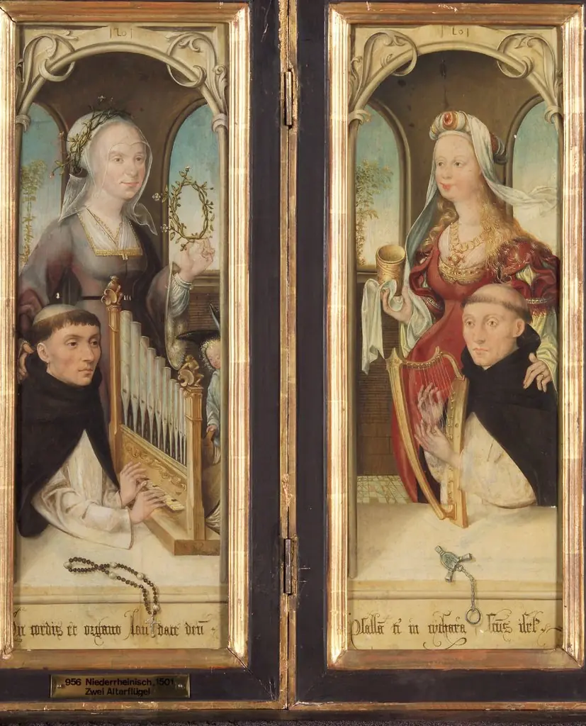 Zwei Flügel eines Altärchens: links ein orgelspielender Dominikanermönch mit weiblicher Heiligen; rechts ein harfenspielender Dominikanermönch mit weiblicher Heiligen., by Unknown