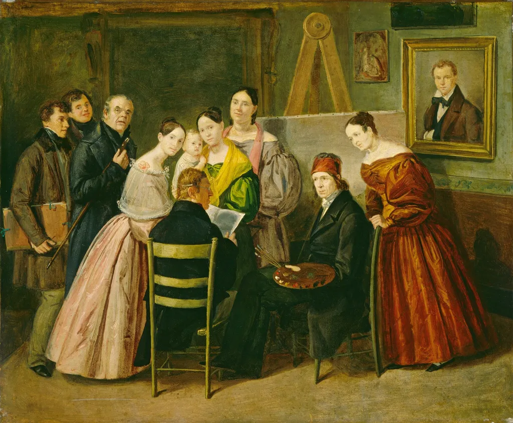 A Painter and Visitors in a Studio, by Unknown 19th Century, oil, 1835