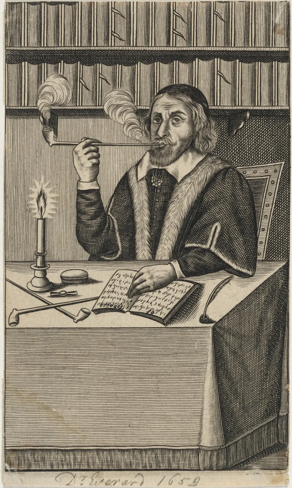 Dr. Giles Everard Seated at a Table Smoking aPipe, by Unknown 19th Century, ink, 1850