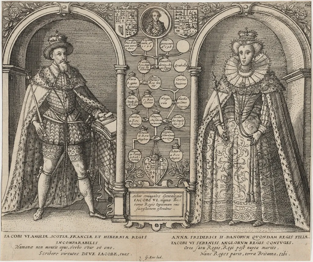 James I and Anne of Denmark with GeneologicalTree, by Unknown 19th Century, ink, 1850