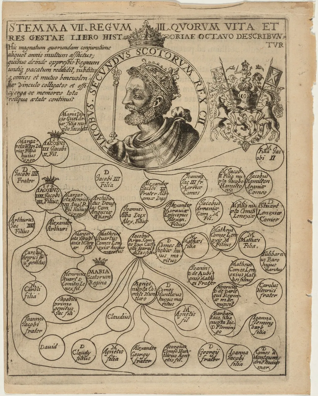 James II of Scotland with Geneology of the Stuarts, by Unknown 19th Century, ink, 1675