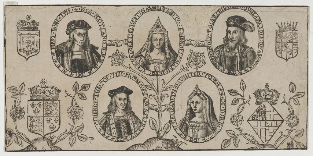 James IV of Scotland, Margaret, Daughter of Henry VII, Archibald Douglas, Earl of Angus, Henry VII, Elizabeth of York, by Unknown 19th Century, ink, 1850