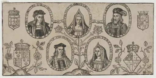 James IV of Scotland, Margaret, Daughter of Henry VII, Archibald Douglas, Earl of Angus, Henry VII, Elizabeth of York, by Unknown 19th Century