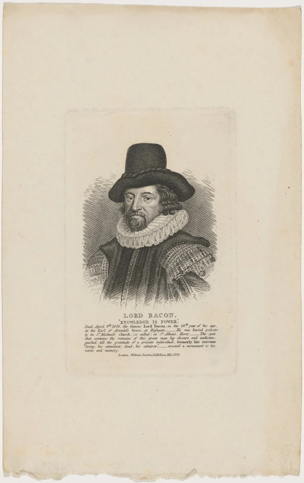 Lord Bacon, "Knowledge is Power", by Unknown 19th Century, ink, 1822