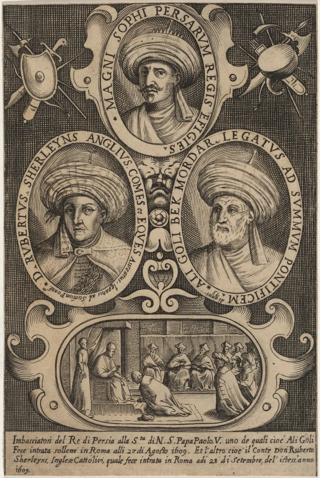Sir Robert Shirley, With the Shah of Persian and the Papal Legat, by Unknown 19th Century, ink, 1850