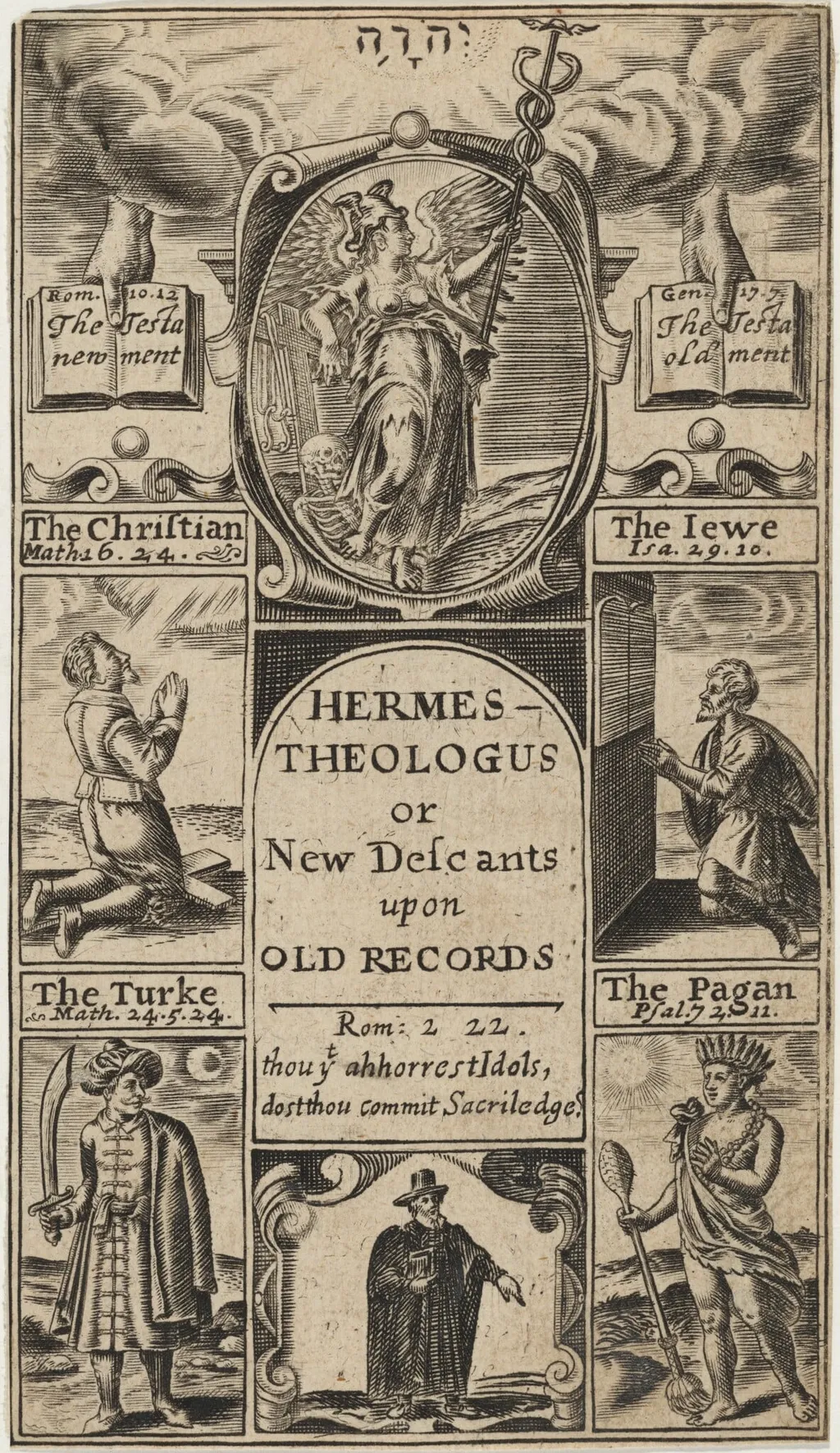 Title Page to Hermes Theologus or New Descants Upon Old Records, Theoph. Woodnote, by Unknown 19th Century, ink, 1850