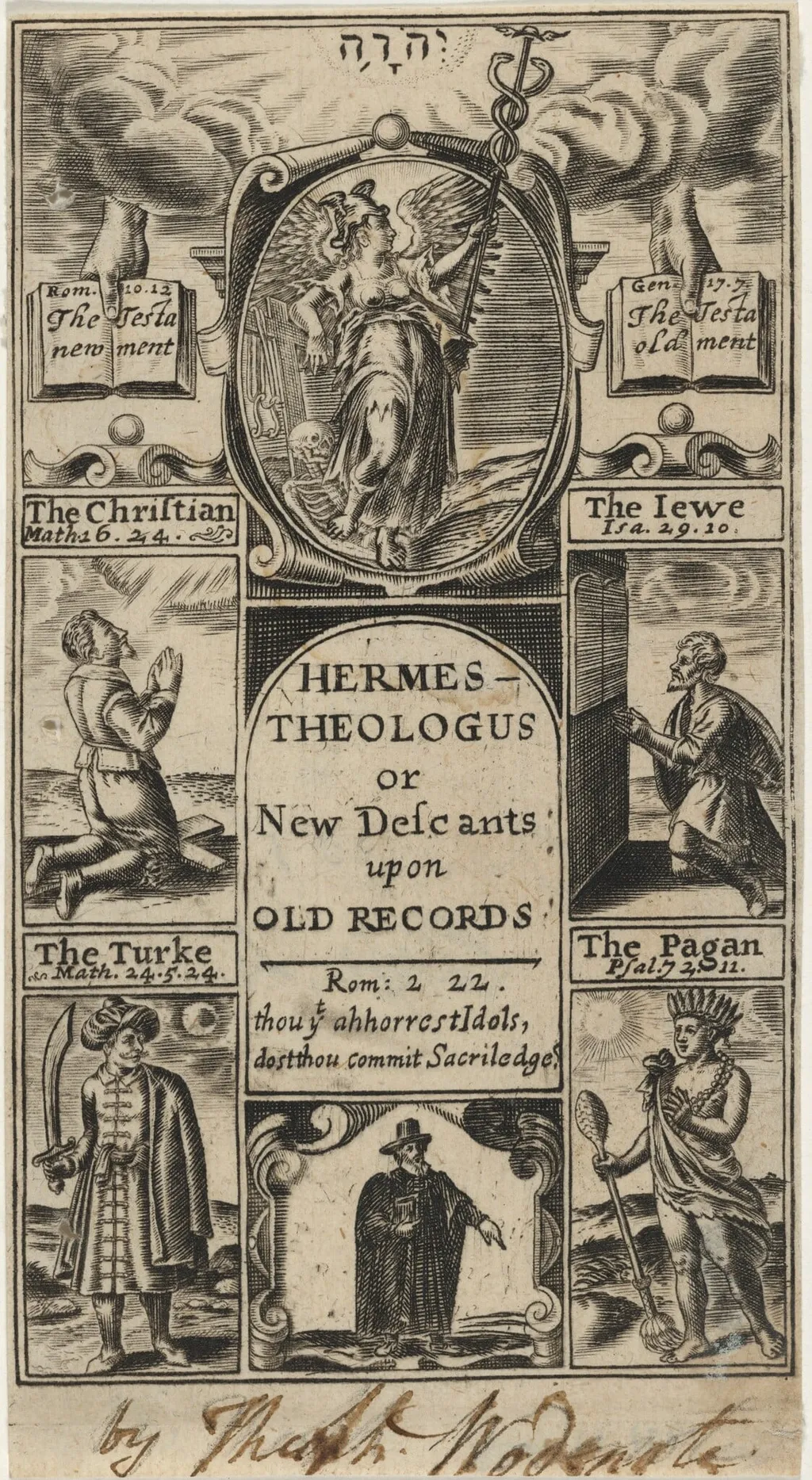 Title Page to Hermes Theologus or New Descants Upon Old Records, Theoph. Woodnote, by Unknown 19th Century, ink, 1850