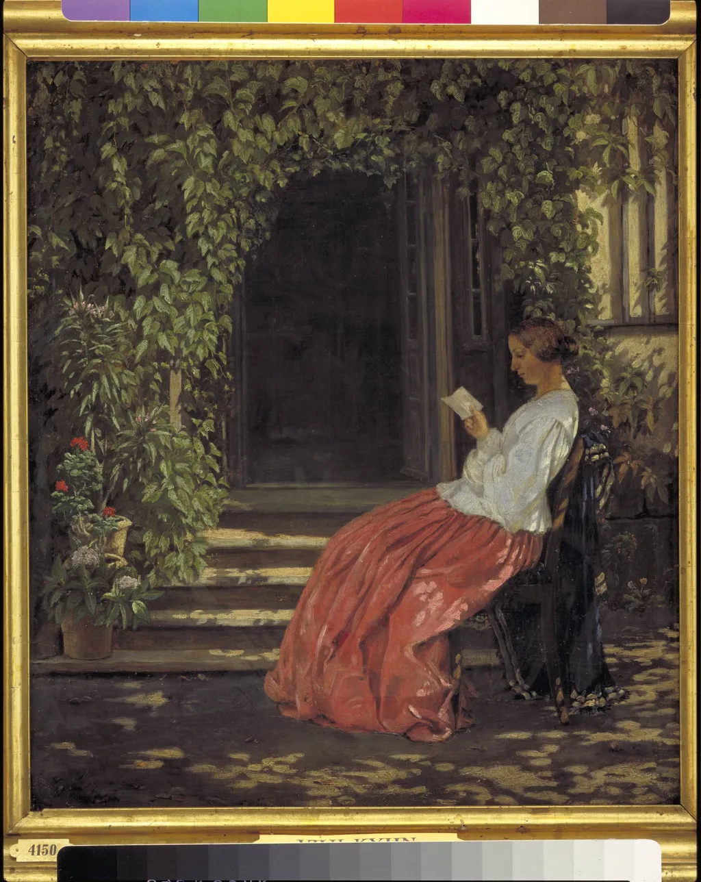 Læsende dame uden for en havedør, by Unknown artist, 1868