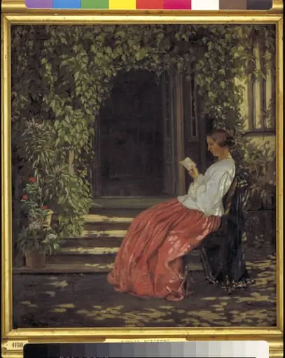 Læsende dame uden for en havedør, by Unknown artist