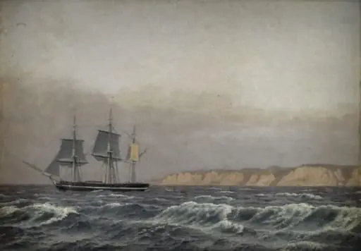 View of the Cliffs of Møn and a Corvette, by Unknown artist