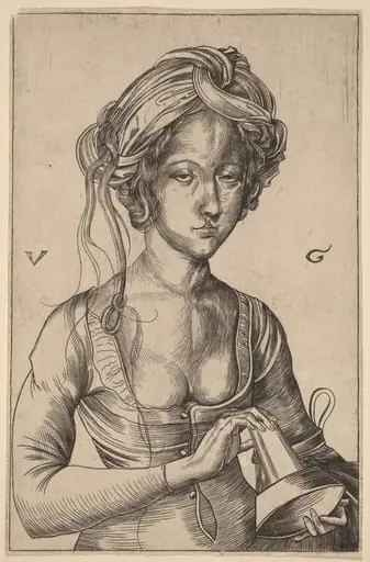 A Bust Figure of a Foolish Virgin  Holding Her Inverted Lamp, by Urs Graf I