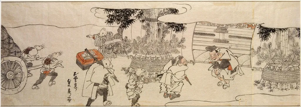 Daikoku and rats bringing rice bales to Ebisu, by Utagawa (Gountei) Sadahide, paint, 1850