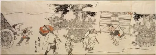 Daikoku and rats bringing rice bales to Ebisu, by Utagawa (Gountei) Sadahide