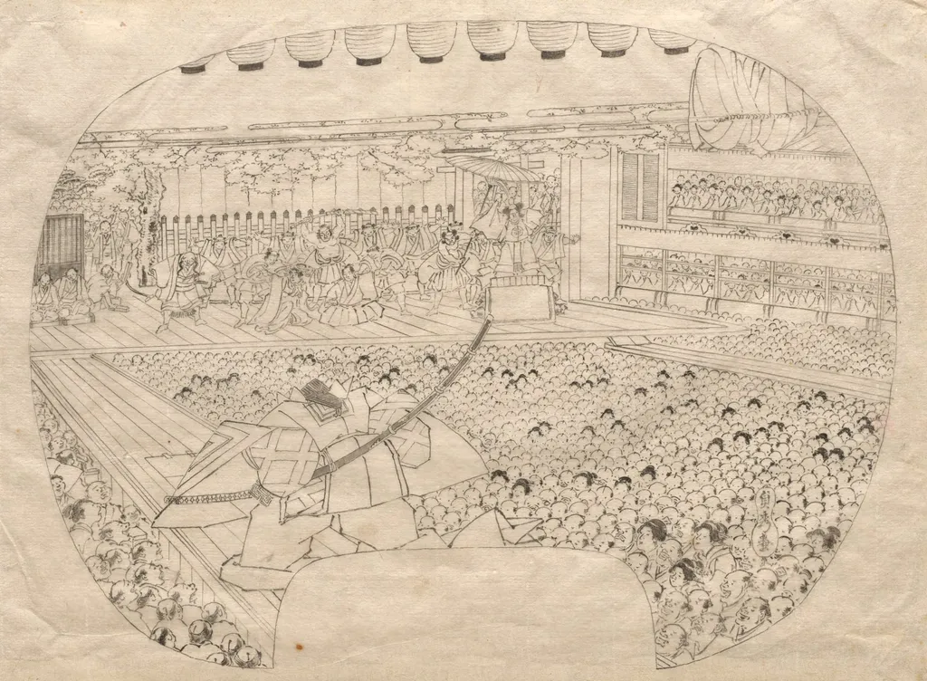 Design for Fan-shaped Print of Kabuki Theater, by Utagawa (Gountei) Sadahide, 1850