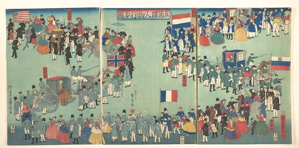 Gok'koku jimbutsu gyo...no zu|Picture of a Parade of the Five Nations, by Utagawa (Gountei) Sadahide, ink, 3