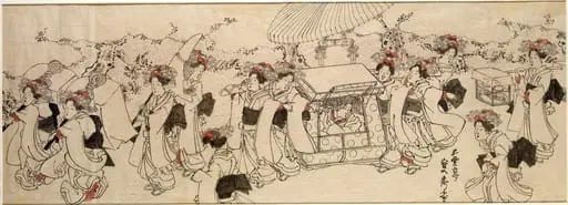 Women in procession with palanquin, by Utagawa (Gountei) Sadahide