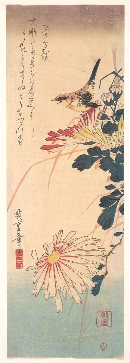 歌川広重画 菊に鷦鷯 |A Wren and Chrysanthemums, by Utagawa Hiroshige, ink, 1830