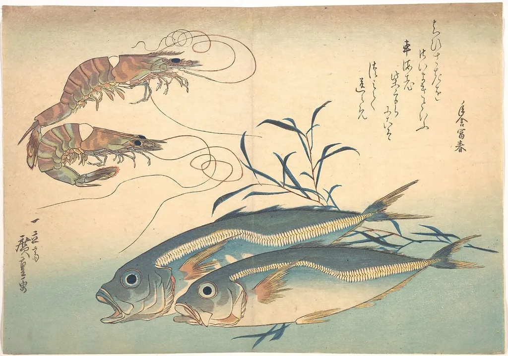 魚づくし 車海老 鯵にたで|Aji Fish and Kuruma-ebi, from the series Uozukushi (Every Variety of Fish), by Utagawa Hiroshige, ink, 1834