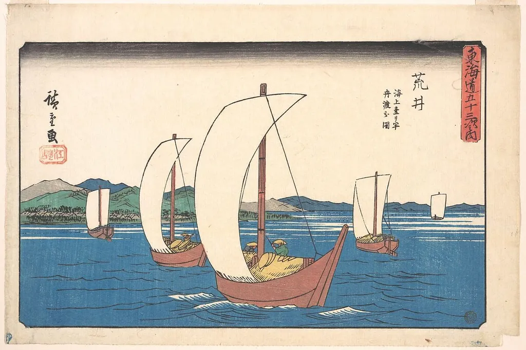 東海道五十三次之内 荒井 海上壹リ半舟渡之図|Arai, by Utagawa Hiroshige, ink, 1842