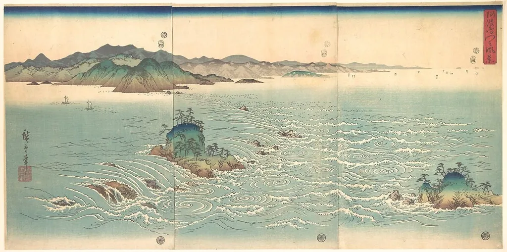 Awa no Naruto|雪月花 阿波鳴門之風景|The Whirlpools of Awa, by Utagawa Hiroshige, ink, 1857