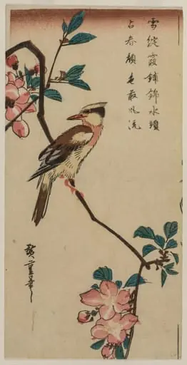 Black-Naped Oriole (Korean Warbler) on a Hall Crabapple, by Utagawa Hiroshige