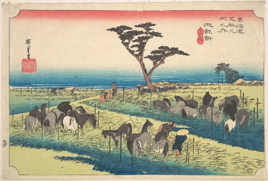 東海道五十三次之内 池鯉鮒 首夏馬市|Chiryu, Shuka Uma Ichi, by Utagawa Hiroshige, ink, 1834