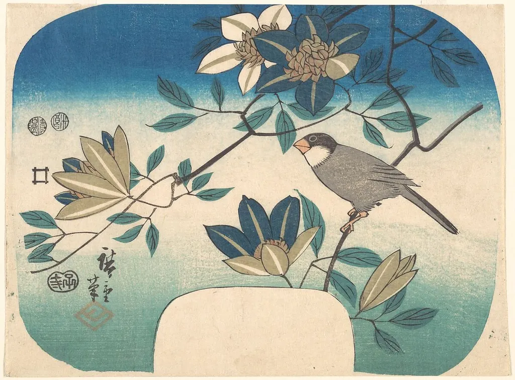 歌川広重画 鉄線花に鳥|Clematis and Bird, by Utagawa Hiroshige, ink, 1852