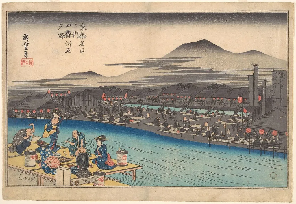 京都名所之内 四条河原夕涼|Cooling off in the Evening at Shijogawara, by Utagawa Hiroshige, ink, 1834